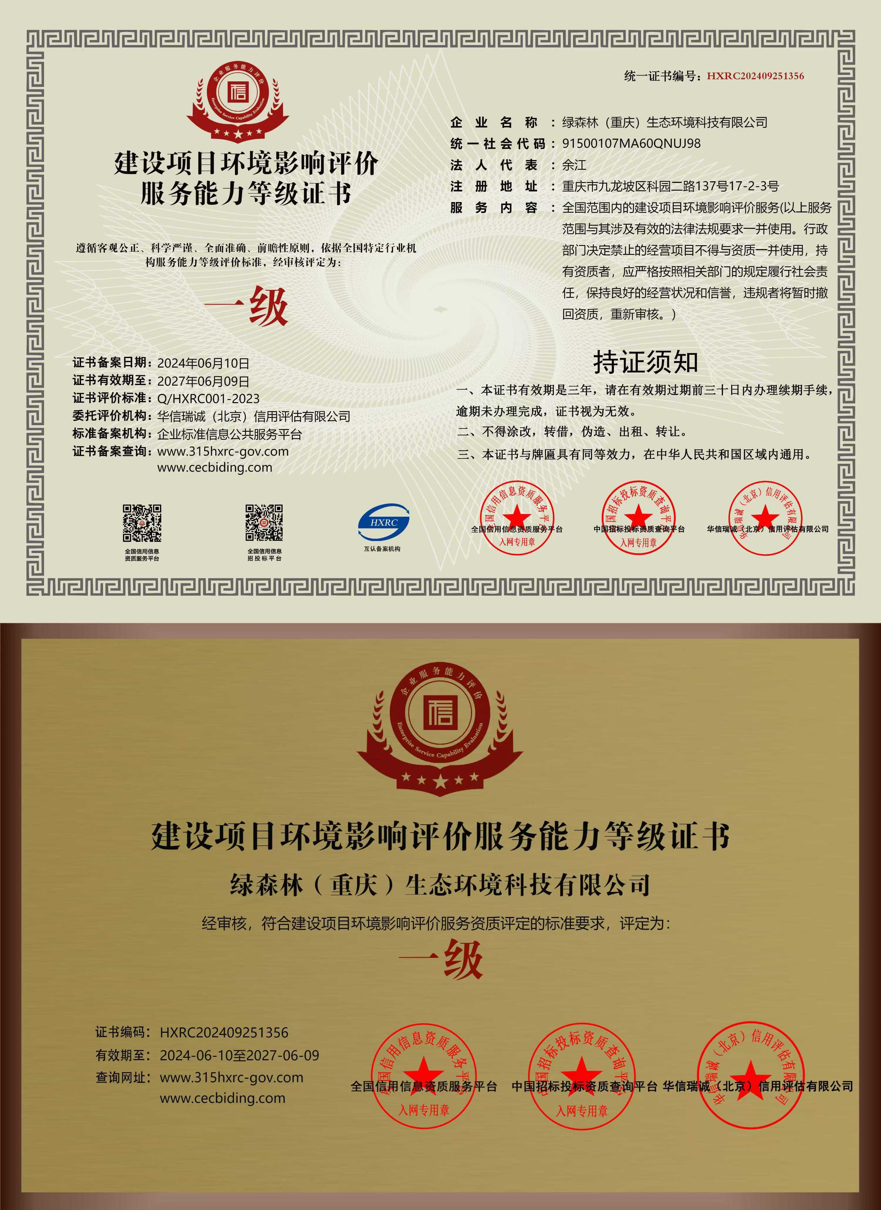 服务能力等级证书